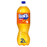 A 2L Fanta Orange bottle, featuring a vibrant orange label with orange slices and sealed with a blue cap, offers a refreshing taste.